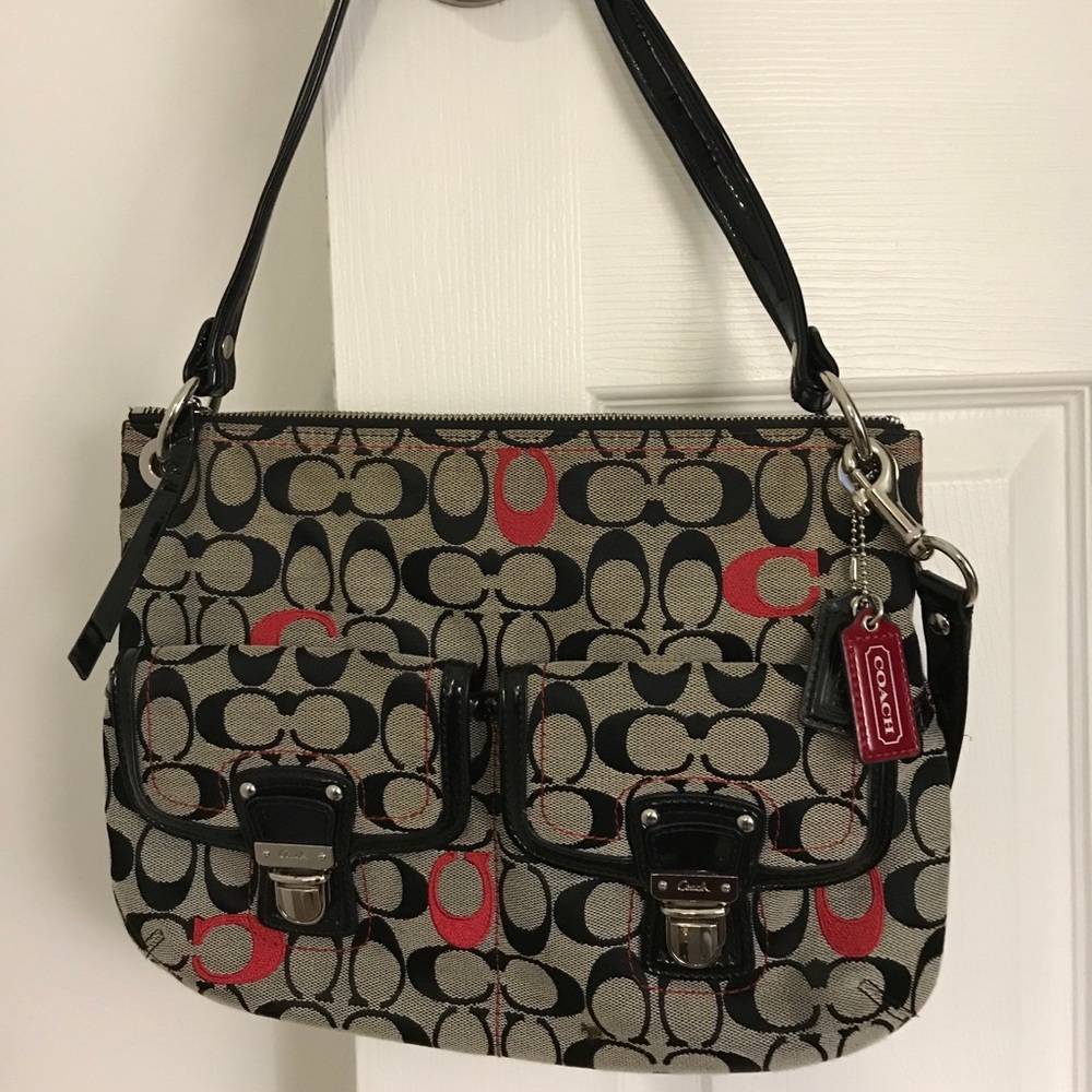 Black Coach Canvas Shoulder Bag with Red Details